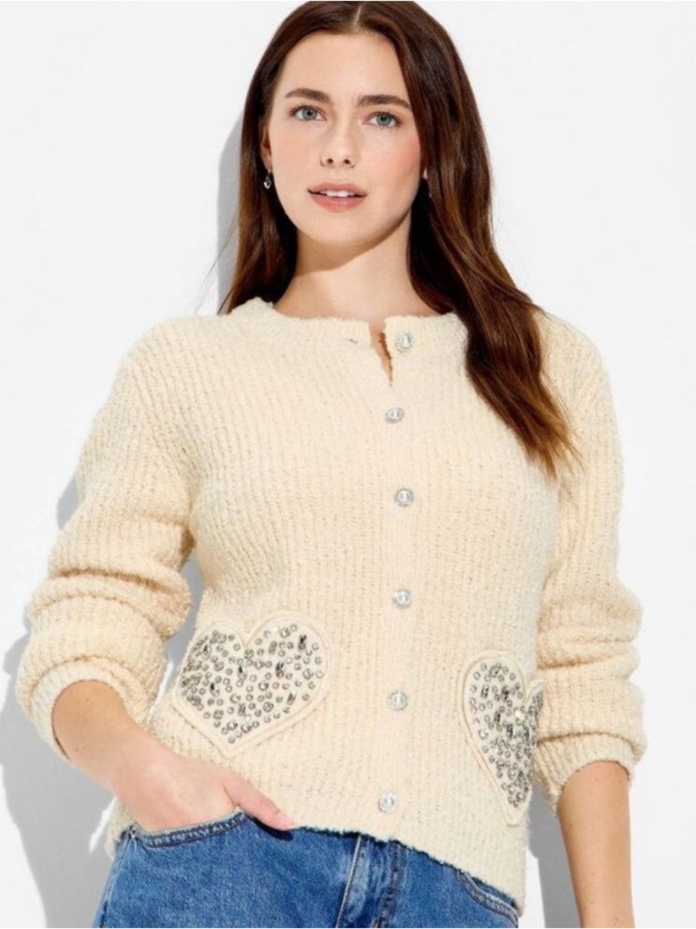 Wicked Katie Kime Ivory Beaded Heart Pocket Cardigan Sweater Sz XXL
